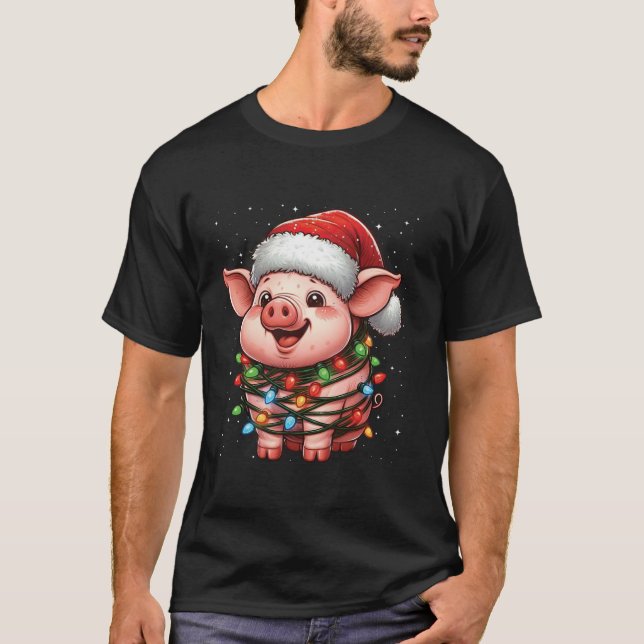 Pig Christmas Lights Santa Hat Xmas Snow T Shirt (Front)