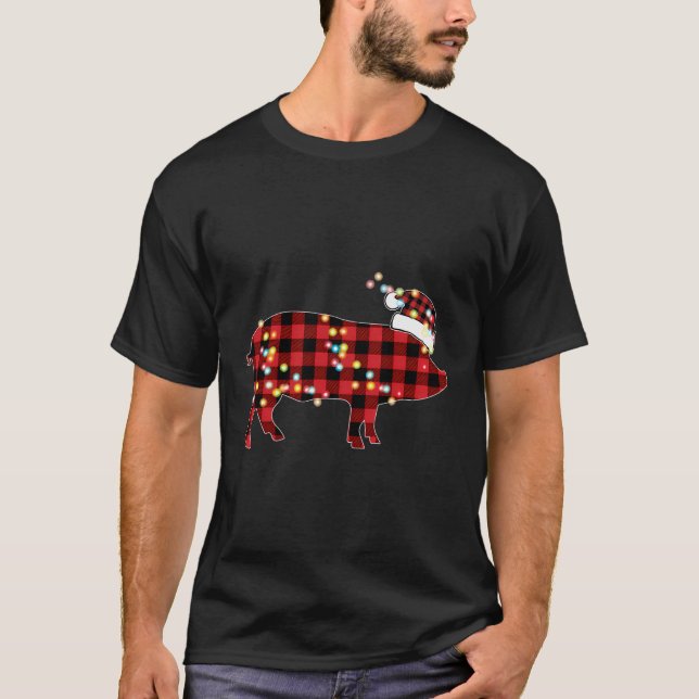 Pig Christmas Red Plaid Buffalo Pyjamas Farmer Pig T-Shirt (Front)