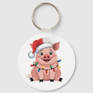 Pig Christmas Santa Hat Xmas Holiday Xmas Pigmass Key Ring