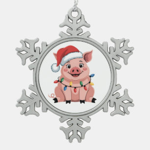 Pig Christmas Santa Hat Xmas Holiday Xmas Pigmass Snowflake Pewter Christmas Ornament