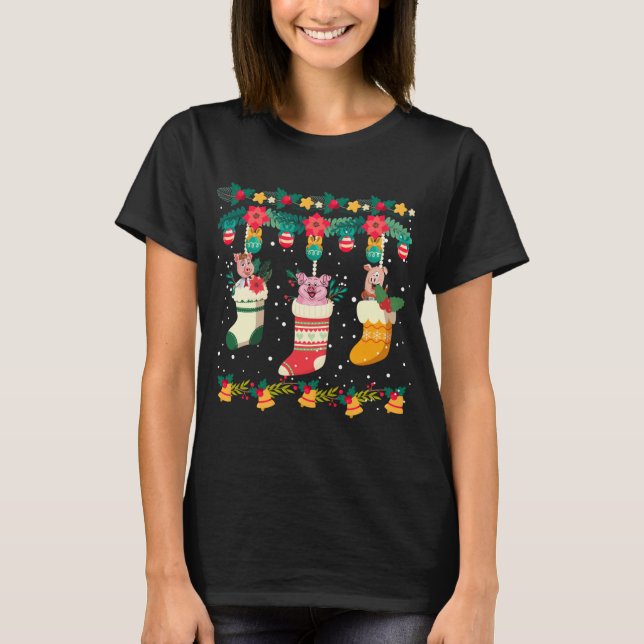 Pig Christmas Stocks X-mas Lights Pajama Matching  T-Shirt (Front)