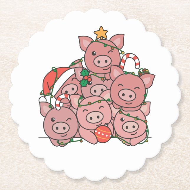 Pig Christmas Tree Funny Animal Christmas Paper Coaster (Front)