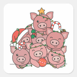 Pig Christmas Tree Funny Animal Christmas Square Sticker