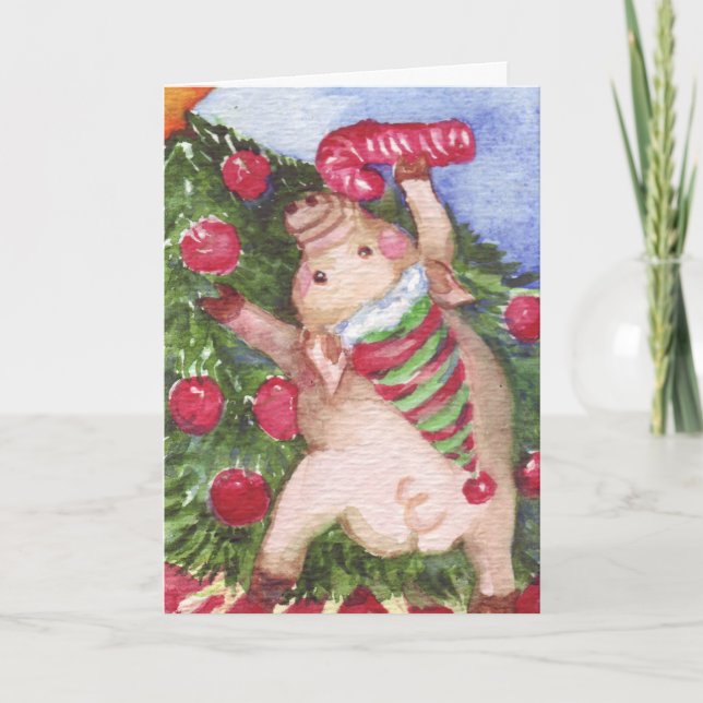 Pig Christmas Watercolor Painting Christmas Holiday Card (Front)