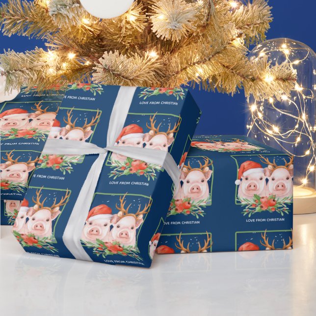 Pig Couple Christmas Santa and Reindeer Wrapping Paper (Holidays)