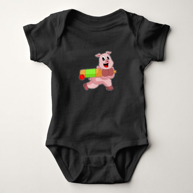 Pig Cricket Cricket bat Baby Bodysuit (Front)
