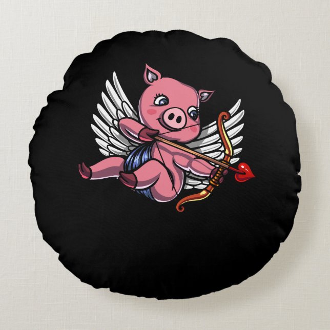 Pig Cupid Cute Valentines Day Farm Animal Round Cushion (Front)
