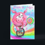 Pig Cyclist with Lollipop Funny Birthday Card<br><div class="desc">Funny Birthday Cards with Happy Circus Acrobat Pig Cyclist Licks Lollipop - MIGNED Painting - Customisable</div>