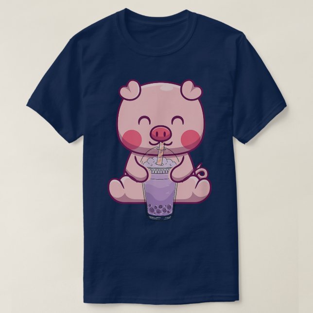 Pig Drinking Bubble Boba Tea Japanese  T-Shirt (Design Front)