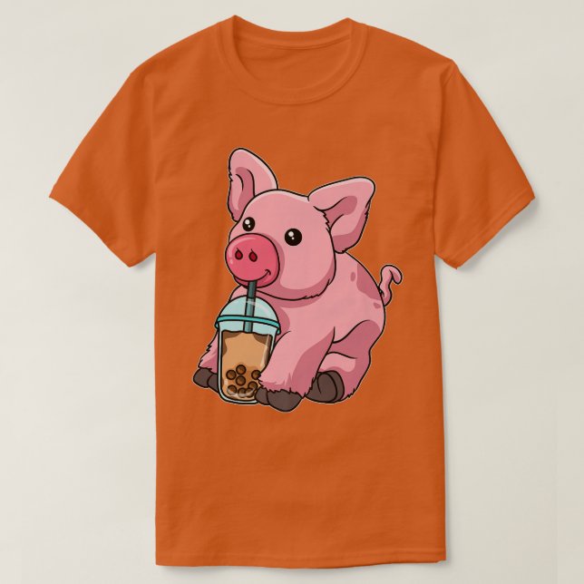 Pig Drinking Bubble Tea Cute Animals With Boba Tea T-Shirt (Design Front)