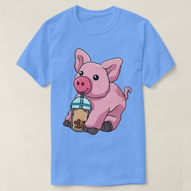 Pig Drinking Bubble Tea Cute Animals With Boba Tea T-Shirt (Design Front)