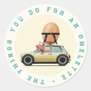 Pig Driving Car with Giant Egg – Whimsical Fun Classic Round Sticker