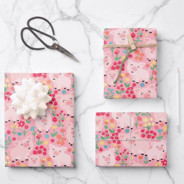 Pig Farm Animal Floral Rustic Birthday Party Wrapping Paper Sheet (Front)