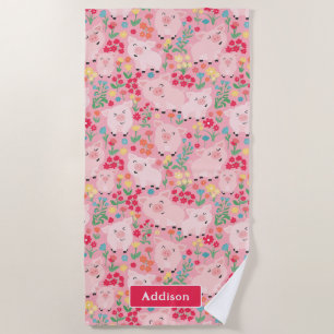 Pig Farm Animal Floral Rustic Personalised Beach Towel