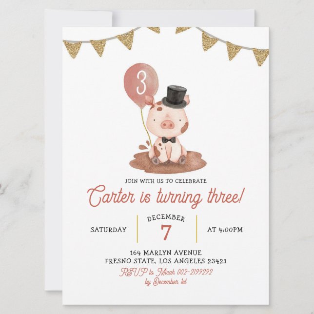 Pig Farm Boy Birthday Invitation (Front)