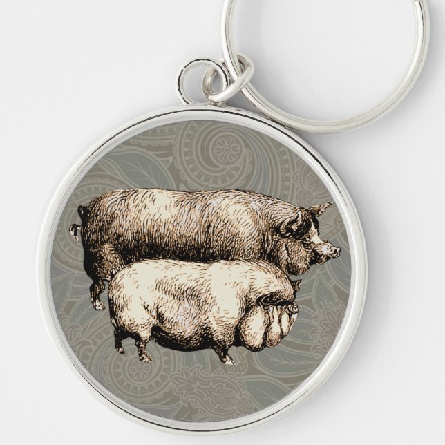 Pig Farm Country Antique Illustration Art Key Ring (Front)
