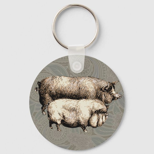 Pig Farm Country Antique Illustration Art Key Ring (Front)