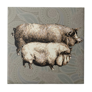 Pig Farm Country Antique Illustration Art Tile