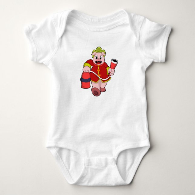 Pig Firefighter Fire extinguisher Baby Bodysuit (Front)