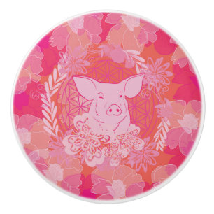 pig,flower of life, blue, mandala,zen,chakra,patt ceramic knob