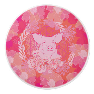 pig,flower of life, blue, mandala,zen,chakra,patt ceramic knob