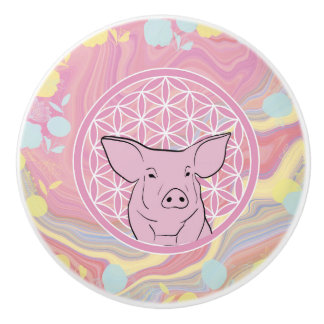 pig,flower of life, rose, mandala,zen,chakra, ceramic knob