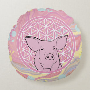 pig,flower of life, rose, mandala,zen,chakra, round cushion