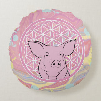 pig,flower of life, rose, mandala,zen,chakra, round cushion