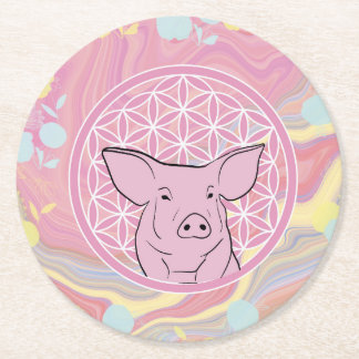 pig,flower of life, rose, mandala,zen,chakra, round paper coaster