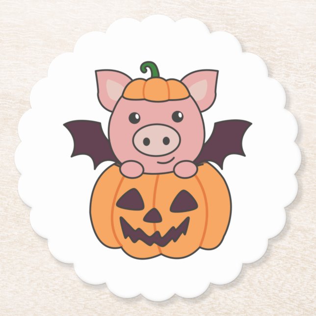 Pig Halloween Pumpkin Bat Costume Paper Coaster (Front)