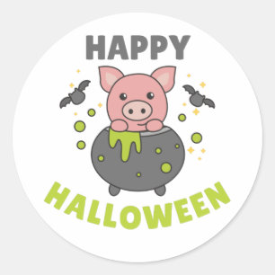 Pig Happy Halloween Cauldron Bat Classic Round Sti Classic Round Sticker