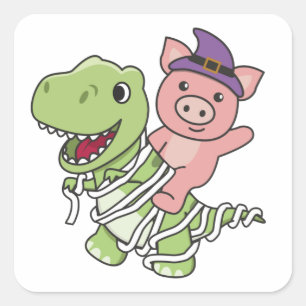 Pig Happy Halloween T-rex Mummy Costume Square Sticker