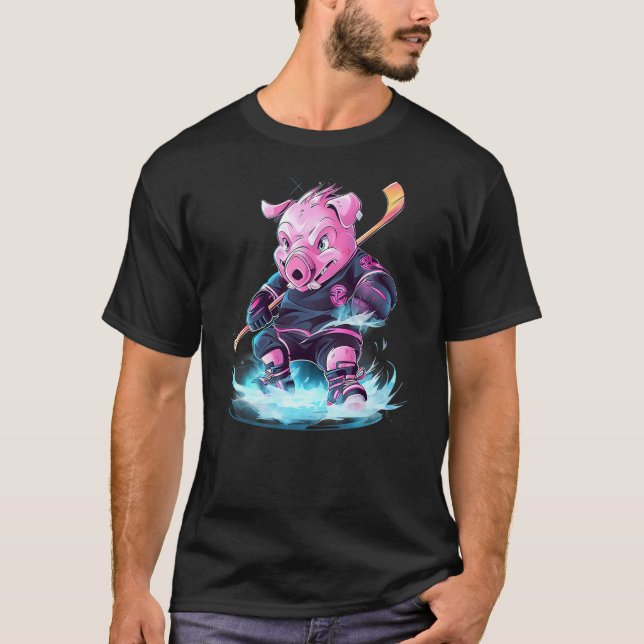 Pig Ice Hockey Player Hockey Stick Goalie T-Shirt (Front)