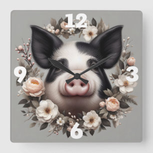 Pig in a Floral Wreath Square Wall Clock