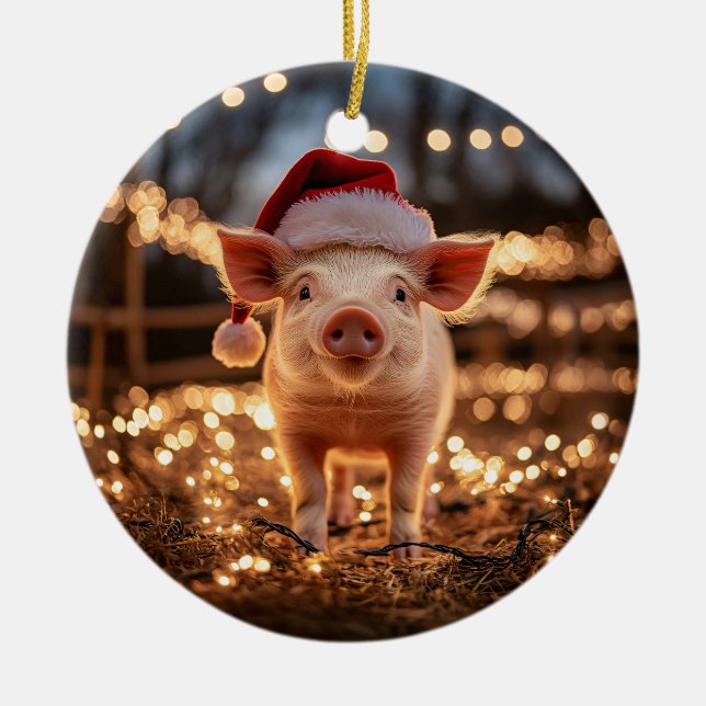 Pig in a Santa Hat Ceramic Tree Decoration (Front)