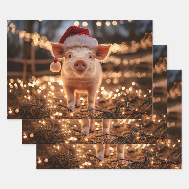 Pig in a Santa Hat Decoupage Craft Wrapping Paper Sheet (Set)