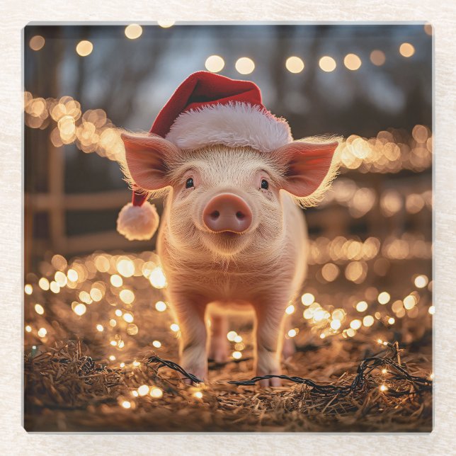Pig in a Santa Hat Glass Coaster (Front)