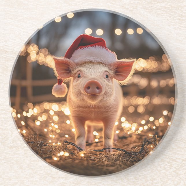 Pig in a Santa Hat Round Coaster (Front)