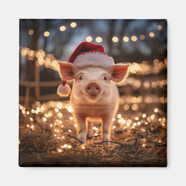 Pig in a Santa Hat Square Magnet (Front)
