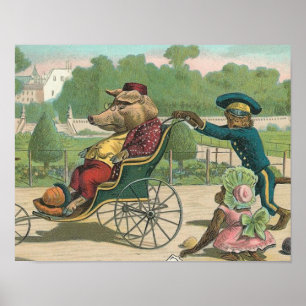 "Pig in a Wheelchair" Vintage Illustration Poster