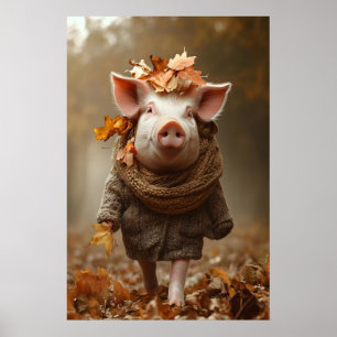 Pig in Fall Clothes Art Print, Rustic Autumn Home Poster