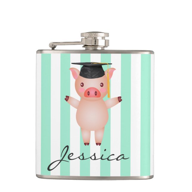 Pig in Graduation Cap Personalised Hip Flask (Front)