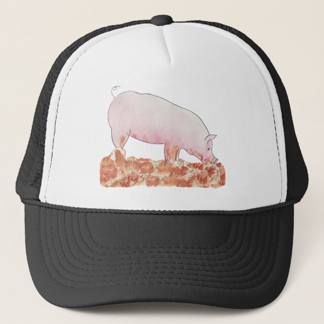 Pig in Mud Funny Cute Pink Watercolour Animal Art Trucker Hat (Front)