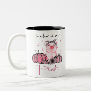 Pig In October We Wear Pink Breast Cancer Awarenes Two-Tone Coffee Mug