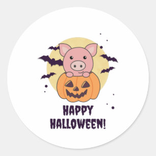 Pig In Pumpkin Sweet Pigs Happy Halloween Classic Round Sticker