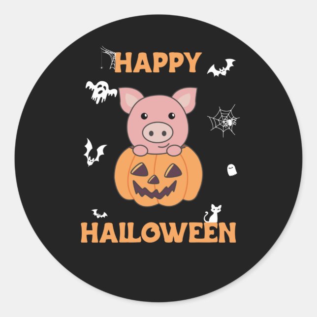 Pig In Pumpkin Sweet Pigs Happy Halloween Classic Round Sticker (Front)