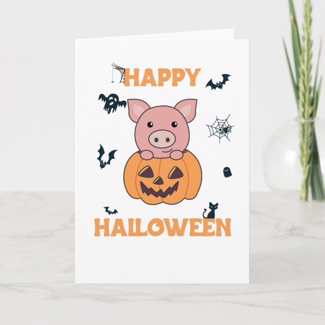 Pig In Pumpkin Sweet Pigs Happy Halloween Holiday Card (Front)