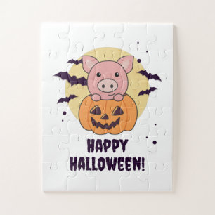 Pig In Pumpkin Sweet Pigs Happy Halloween Jigsaw Puzzle