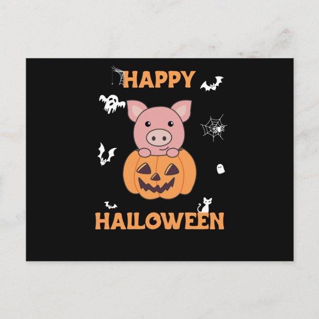 Pig In Pumpkin Sweet Pigs Happy Halloween Postcard (Front)