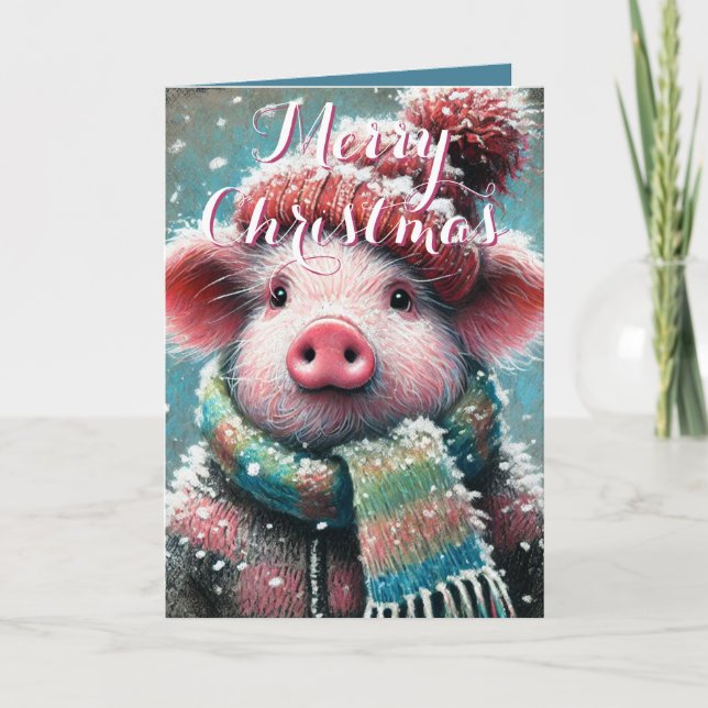 Pig in Scarf Snowflakes Personalised Christmas Card (Front)